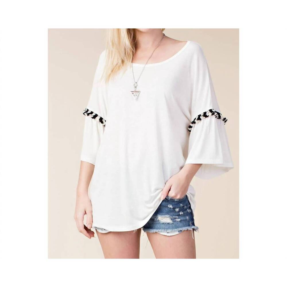 NEW VOCAL APPAREL loose fit bell sleeve kimono top with special trims in ivory